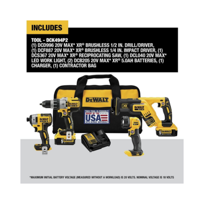 DeWalt DCK494P2 20V MAX XR 4-Tool Cordless Drill Combo Kit