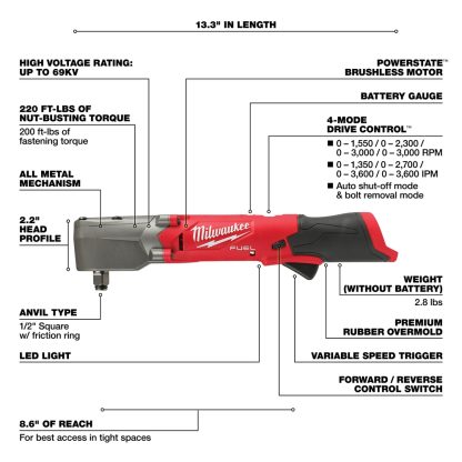 Milwaukee 2565-20 1/2" M12 Fuel Right Angle Impact Wrench - Tool Only