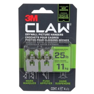 3M CLAW 3PH25M-4EF Picture Hanger, 25 lb, Steel, Drywall Mounting - 4 Pack