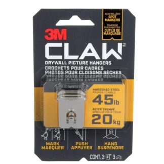 3M CLAW 3PH45M-3EF Picture Hanger, 45 lb, Steel, Drywall Mounting - 3 Pack