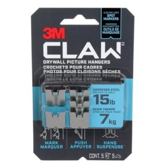 3M CLAW 3PH15M-5EF Picture Hanger, 15 lb, Steel, Drywall Mounting - 5 pack