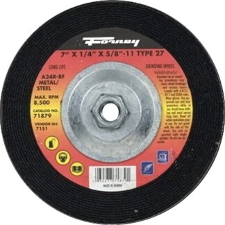 Forney 71879 Grinding Wheel, 7 in Dia, 1/4 in Thick, 5/8-11 in Arbor, 24 Grit, Coarse, Aluminum Oxide Abrasive