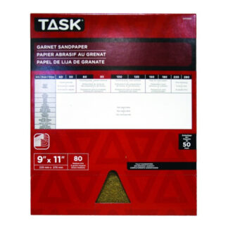 Task GA11080 11" x 9" 80 Grit Medium Garnet Abrasive Sandpaper, 50 Pack