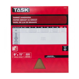 Task GA11220 11" x 9" 220 Grit Very Fine Garnet Abrasive Sandpaper, 50 Pack
