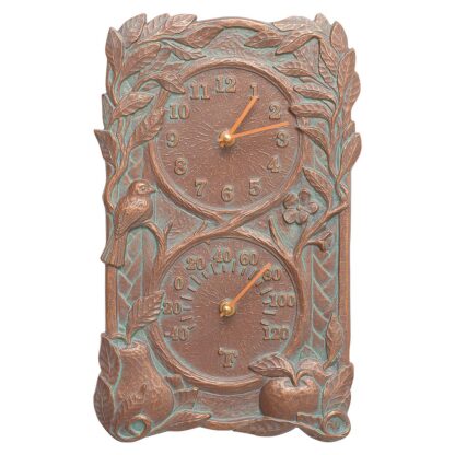 Fruit Bird Indoor Outdoor Wall Clock & Thermometer - Copper Verdigris