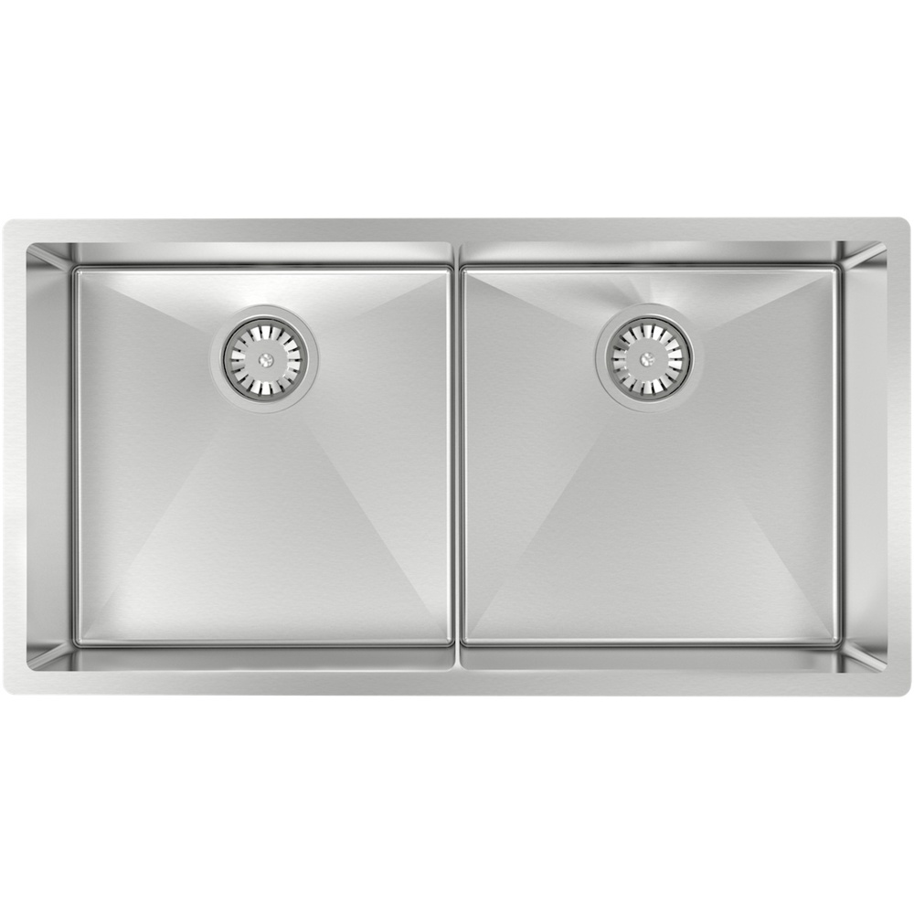 Zomodo CAC406D3(K) Cayman 34" 50/50 Double Sink Kit w/ grids+drain cover - Scotchbrite