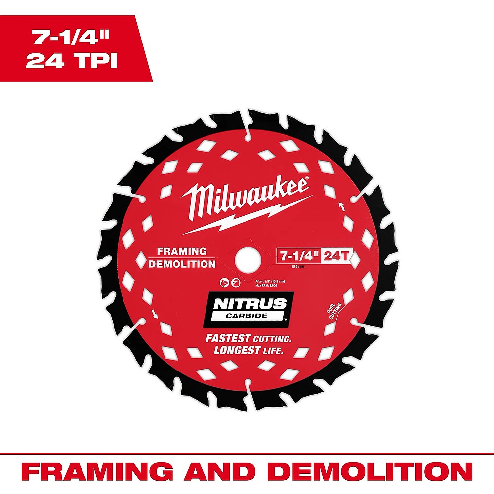 Milwaukee 48-41-0750 7-1/4" 24T NITRUS Carbide Framing & Demolition Circular Saw Blade, Bulk 10