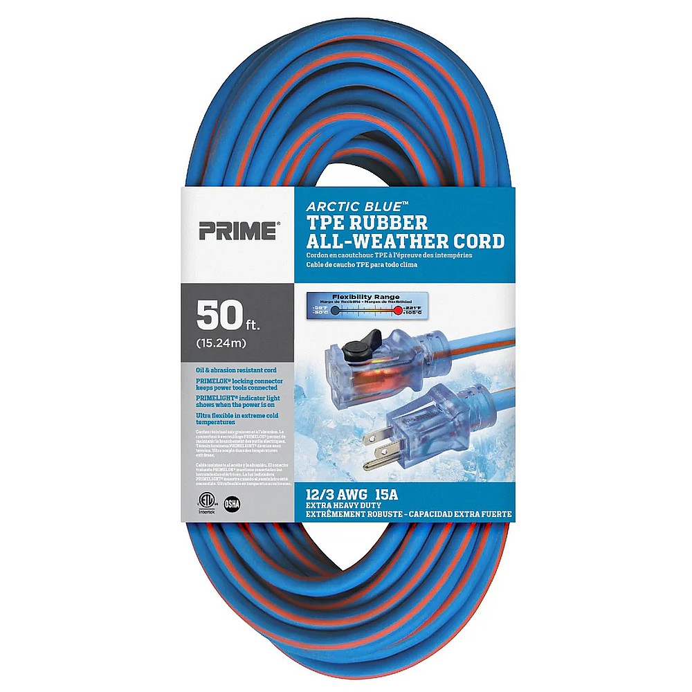 Prime LT530830 50' 12/3 SJEOW Arctic Blue All-Weather Locking Extension Cord