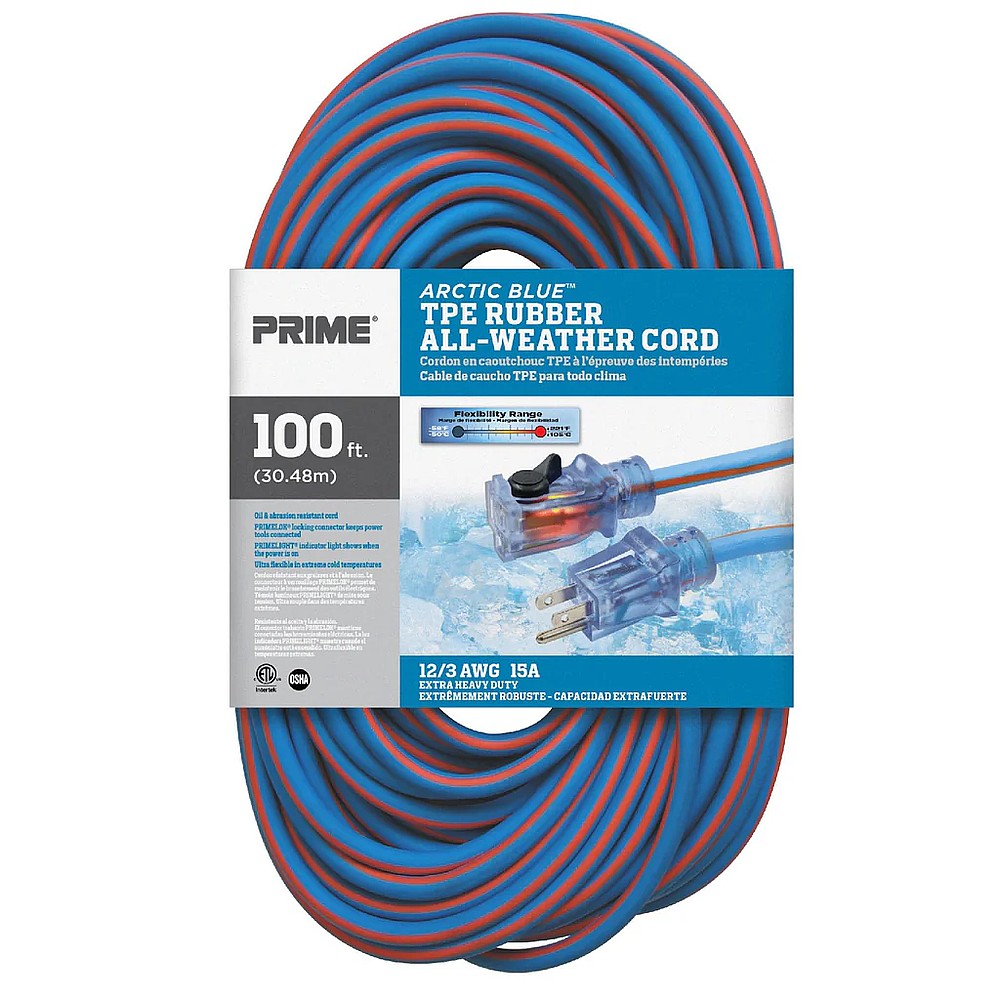 Prime LT530835 100' 12/3 SJEOW Arctic Blue All-Weather Locking Extension Cord