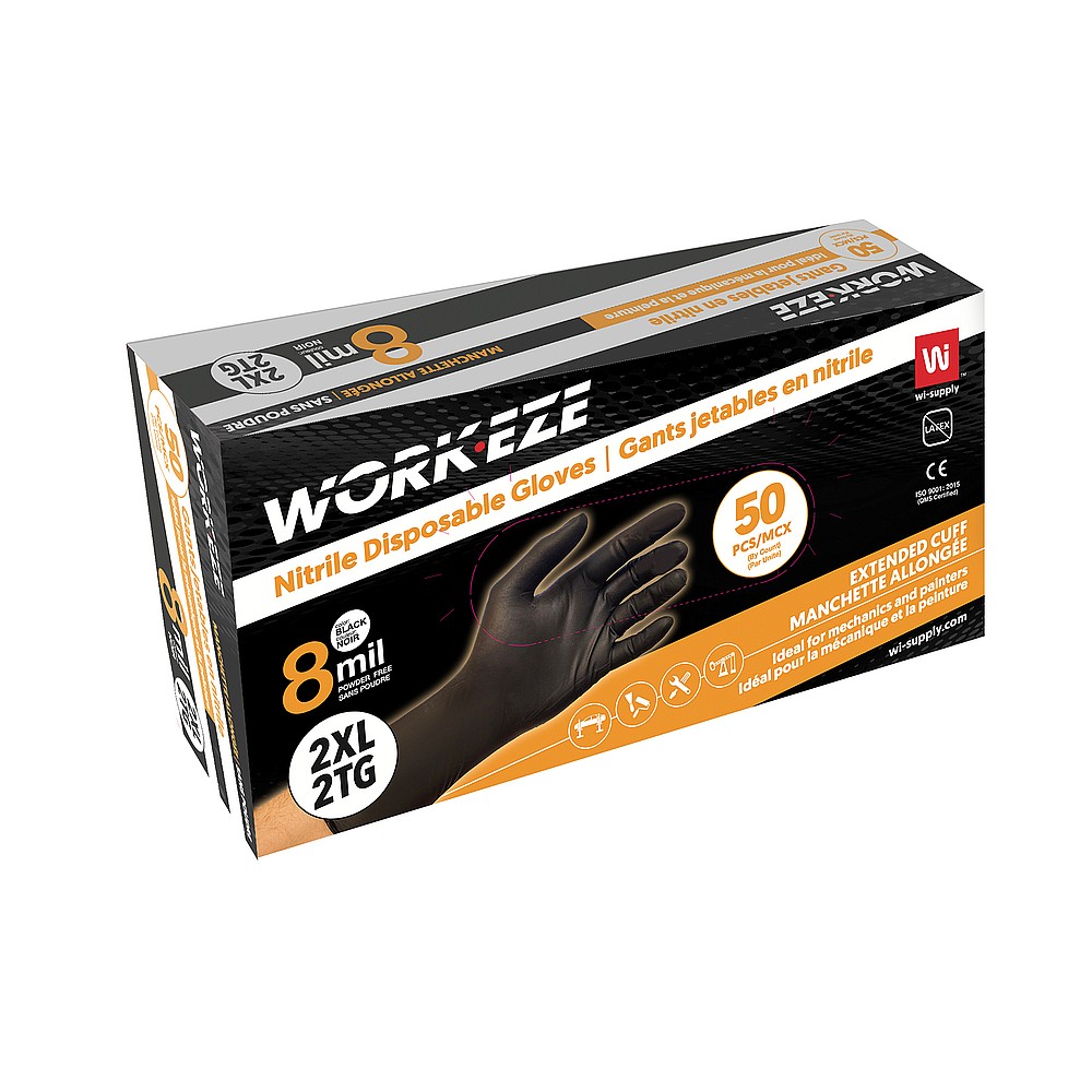 Wipeco DN850BKEC-XXL 2XL Nitrile 8 mil Black Disposable Extended Cuff Gloves, 50 Pack