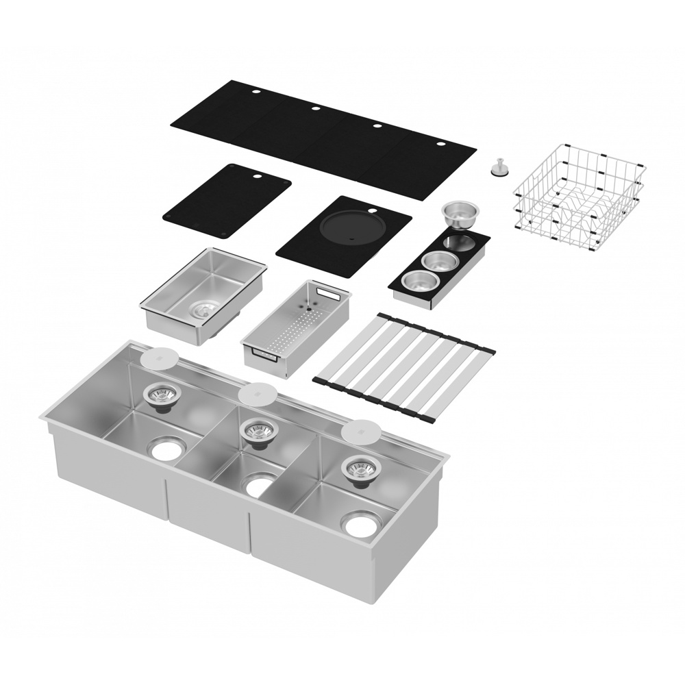 Zomodo IQC400T Integrato Q 44" Triple Bowl 2-Tier Workstation Sink & Accessories Kit - Scotchbrite