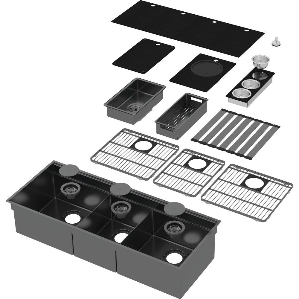 Zomodo IQC400T-BK Integrato Q 44" Triple Bowl 2-Tier Workstation Sink & Accessories Kit - Black Pearl