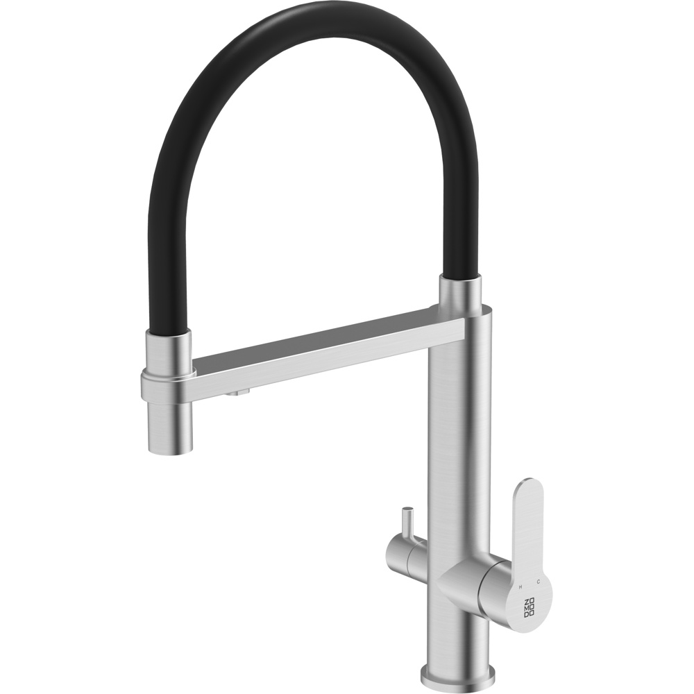 Zomodo KTC032-BR Dual Spout Crystal Tap & Filtered Kitchen Faucet - Brushed Stainless Steel & Black