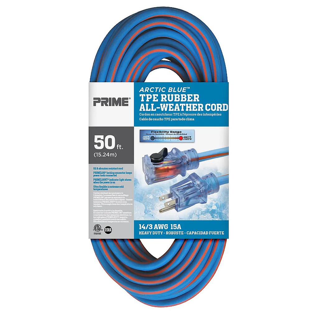 Prime LT530730 50' All-Weather Locking Extension Cord - Arctic Blue