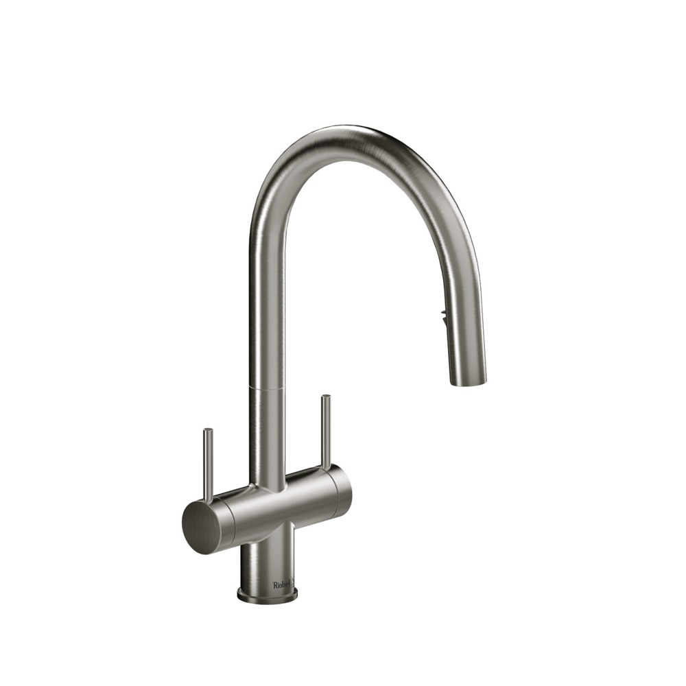 Riobel AZ801SS Azure Two Handle Pull-Down Kitchen Faucet With C-Spout - Stainless Steel