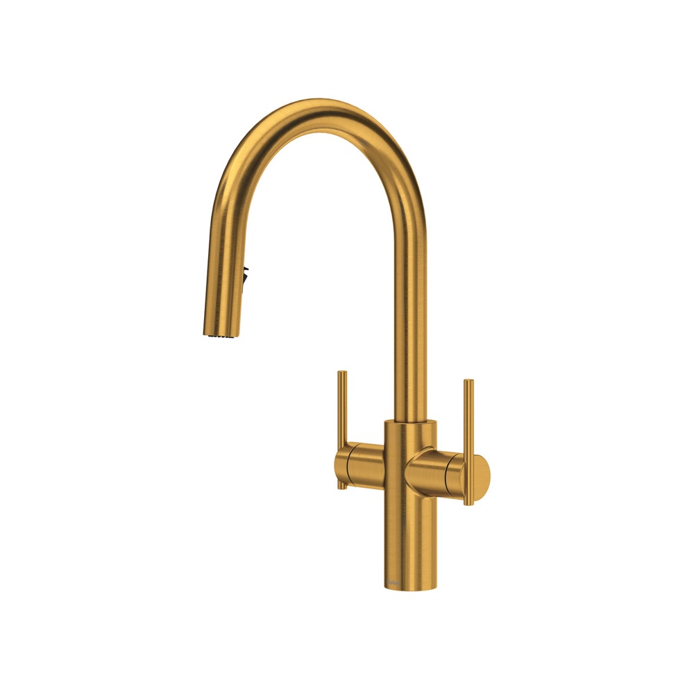 Riobel LT801BG Lateral Two Handle Pull-Down Kitchen Faucet With C-Spout - Brushed Gold