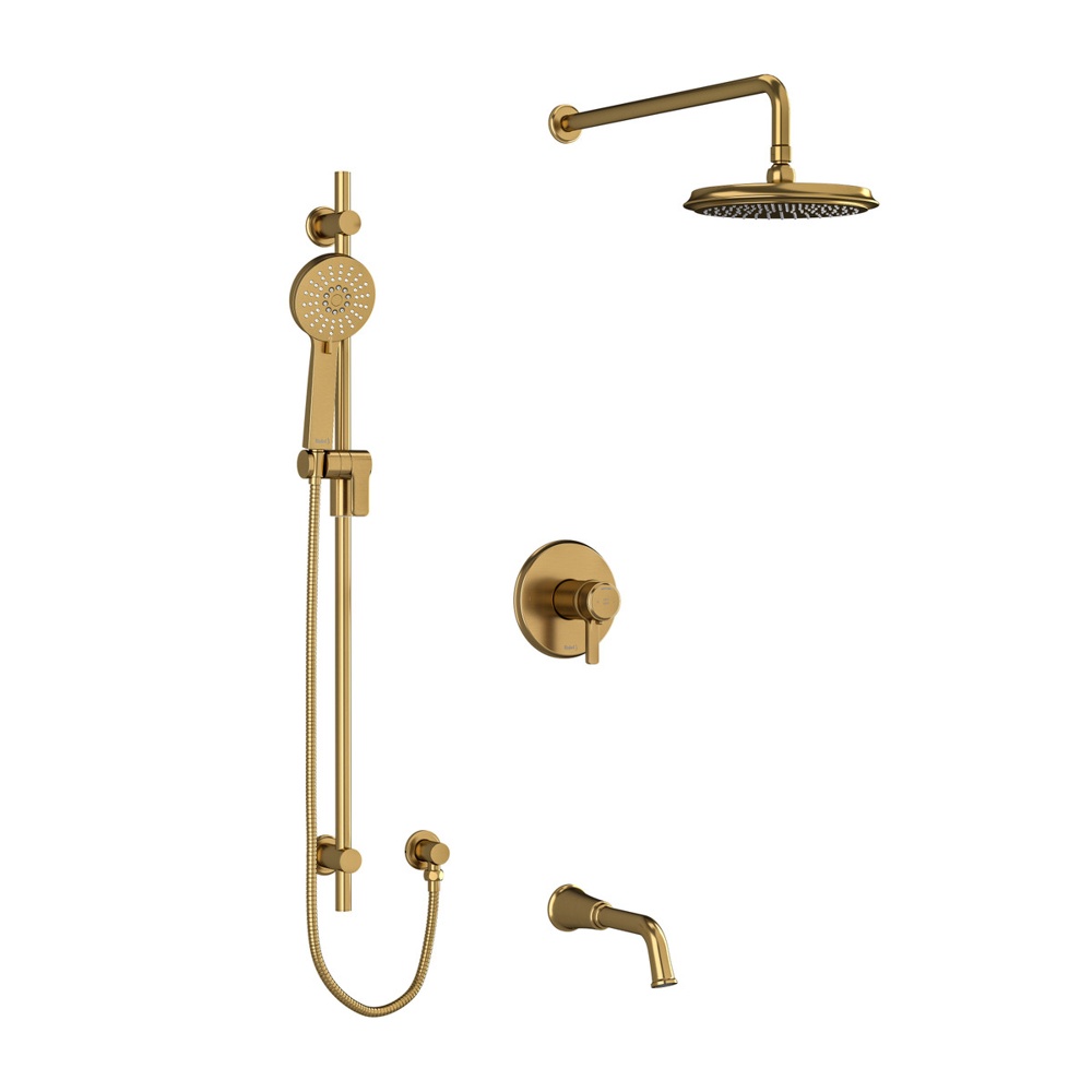 Riobel KIT1345MMRDJBG-EX Momenti Type T/P (thermostatic/pressure balance) ½" coaxial 3-way system with Handshowerrail, Showerhead and spout EXPANSION PEX - Brushed Gold