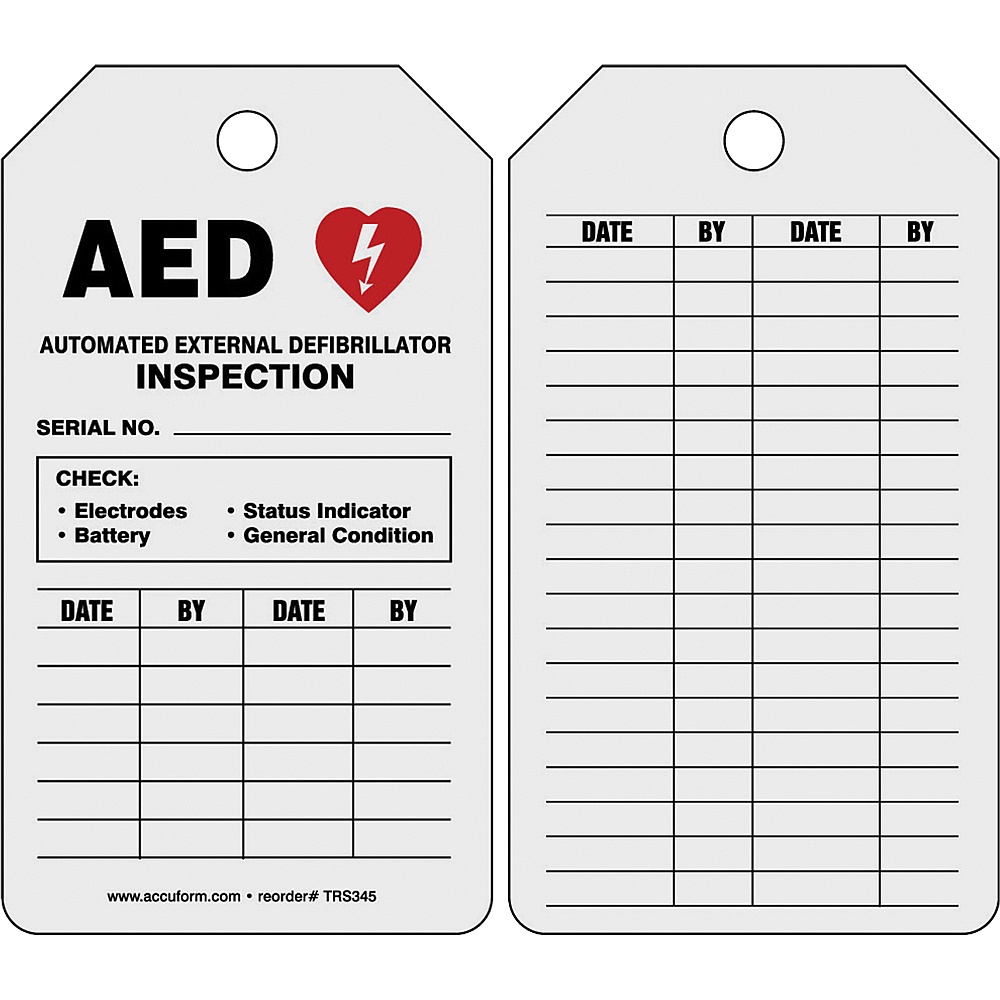 Accuform Signs SBB049 5-3/4" x 3-1/4" Automatic External Defibrillator Inspection Status Safety Tag, Paper, English