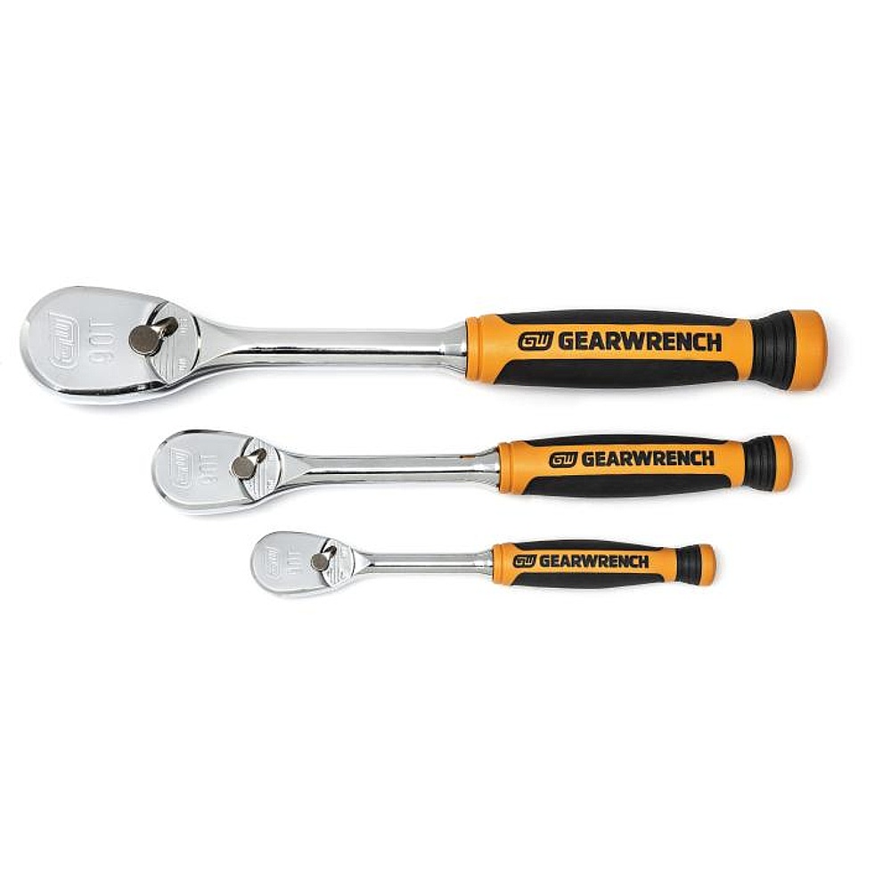 GEARWRENCH 81207T 3 Piece 1/4", 3/8" & 1/2" Drive 90-Tooth Dual Material Teardrop Ratchet Set