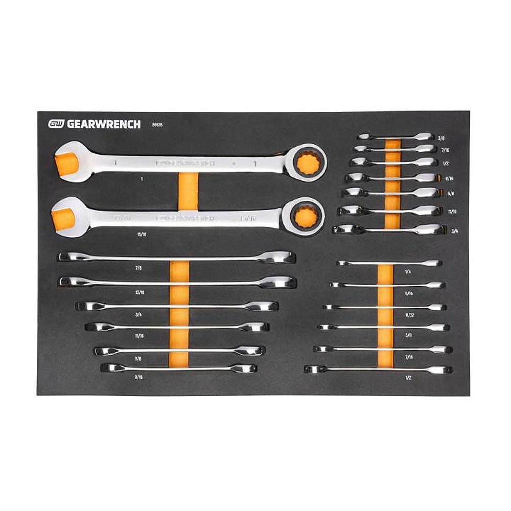 GEARWRENCH 86526 21 Piece 72-Tooth 12 Point SAE Standard and Stubby Combination Ratcheting Wrench Set with EVA Foam Tray