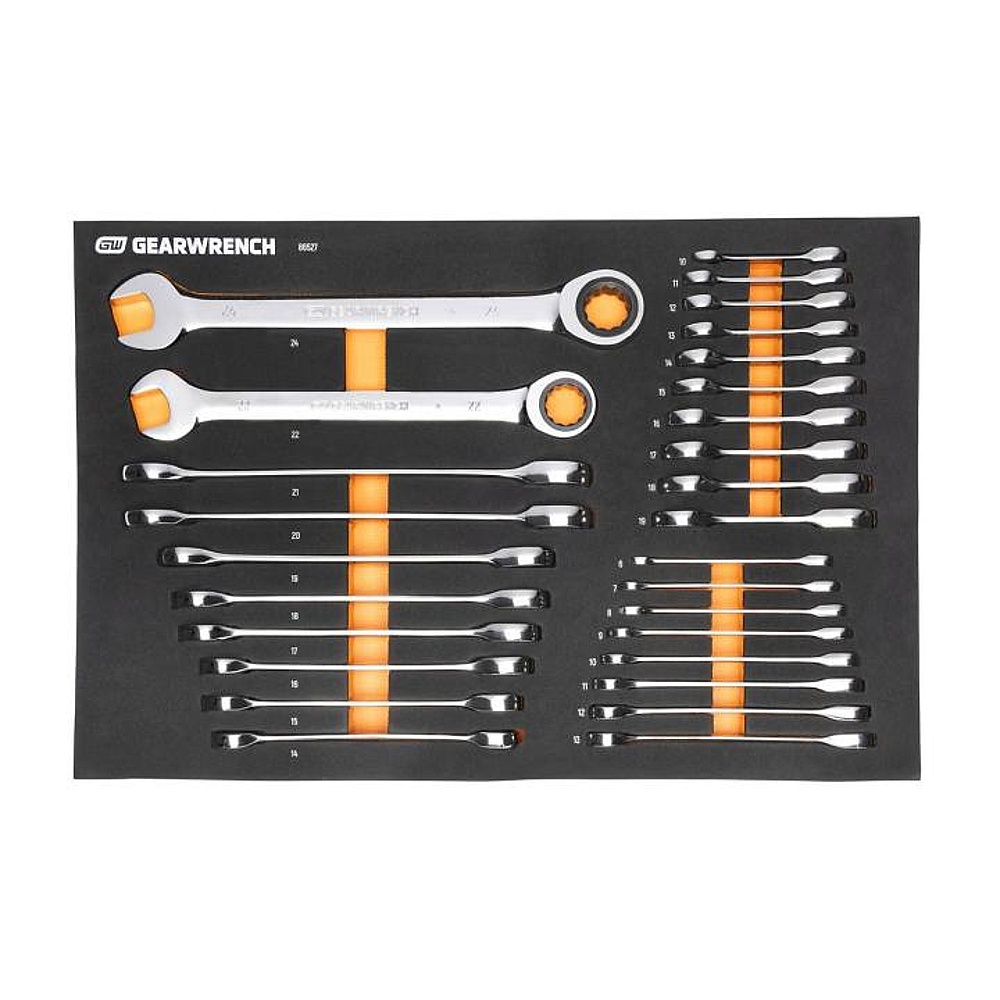 GEARWRENCH 86527 28 Piece 72-Tooth 12 Point Metric Standard and Stubby Combination Ratcheting Wrench Set with EVA Foam Tray