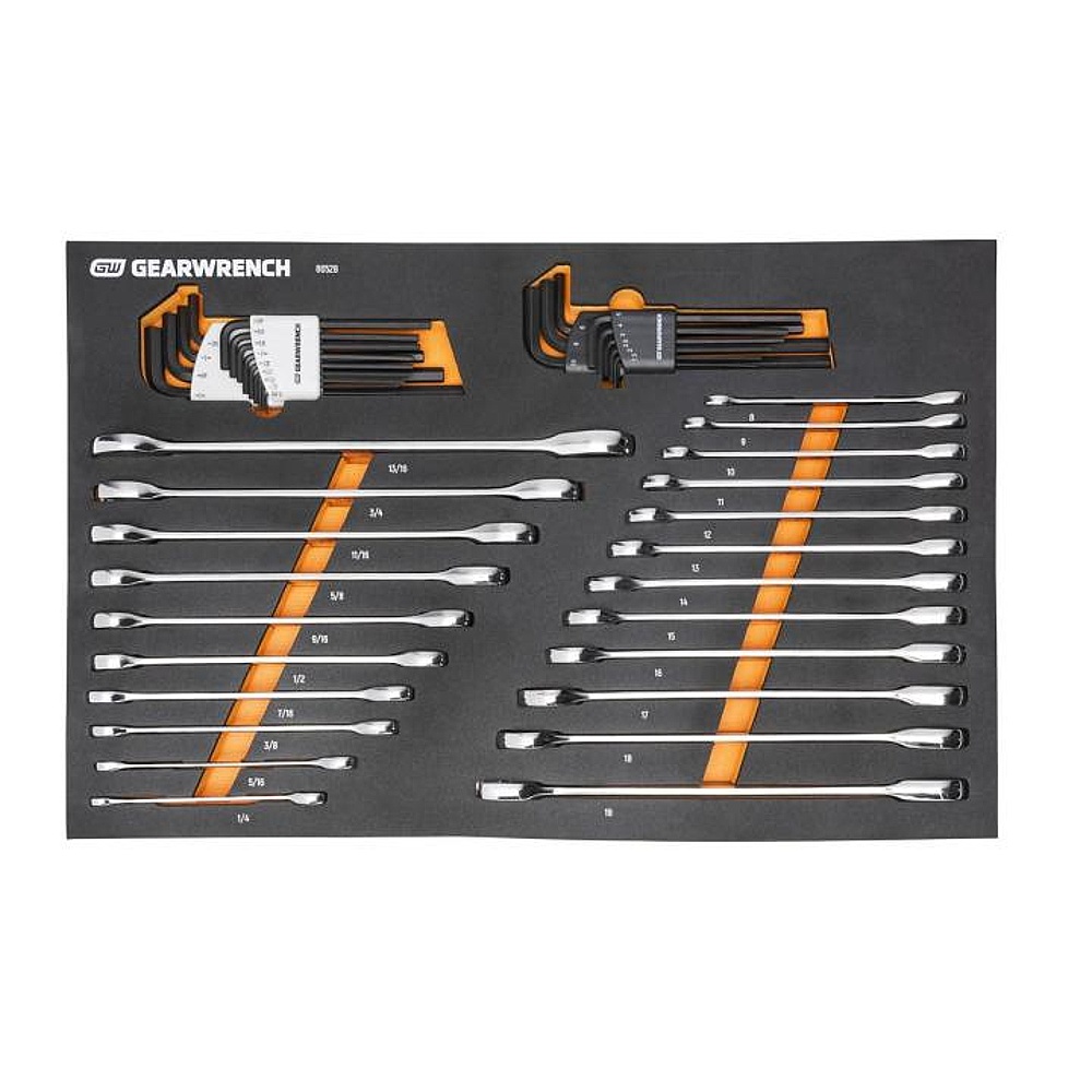 GEARWRENCH 86528 44 Piece 90T SAE/Metric Combination Ratcheting Wrench & Long Arm Hex Key Set with Foam Storage Tray