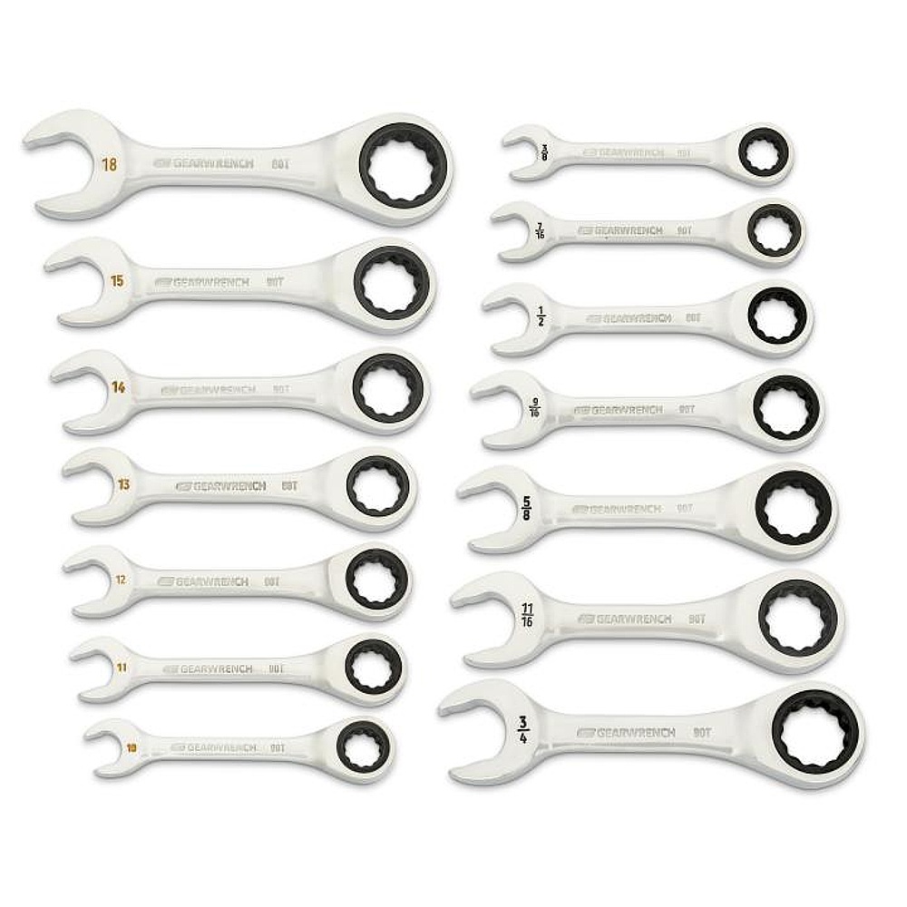 GEARWRENCH 86859 14 Piece 90-Tooth 12 Point SAE/Metric Stubby Ratcheting Combination Wrench Set