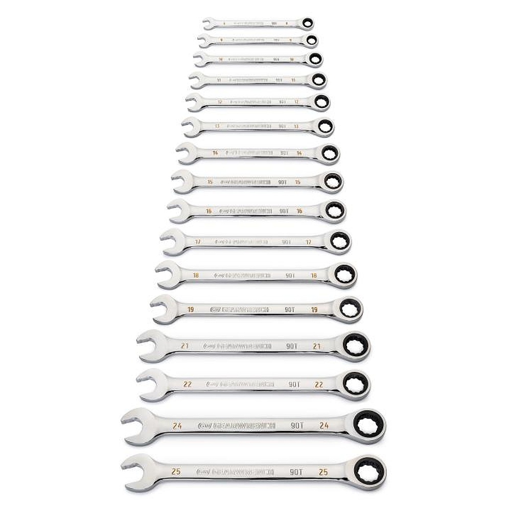 GEARWRENCH 86928 16 Piece 90-Tooth 12 Point Metric Combination Ratcheting Wrench Set