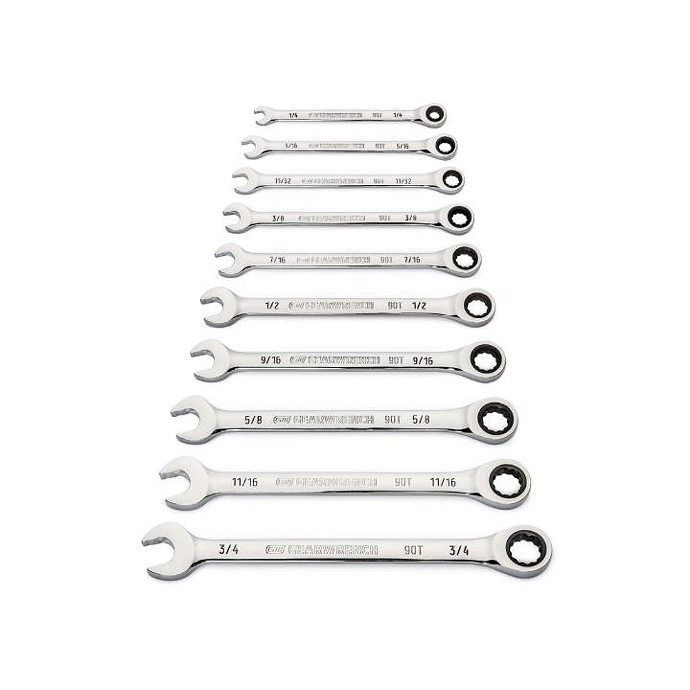 GEARWRENCH 86958 10 Piece 90-Tooth 12 Point SAE Combination Ratcheting Wrench Set