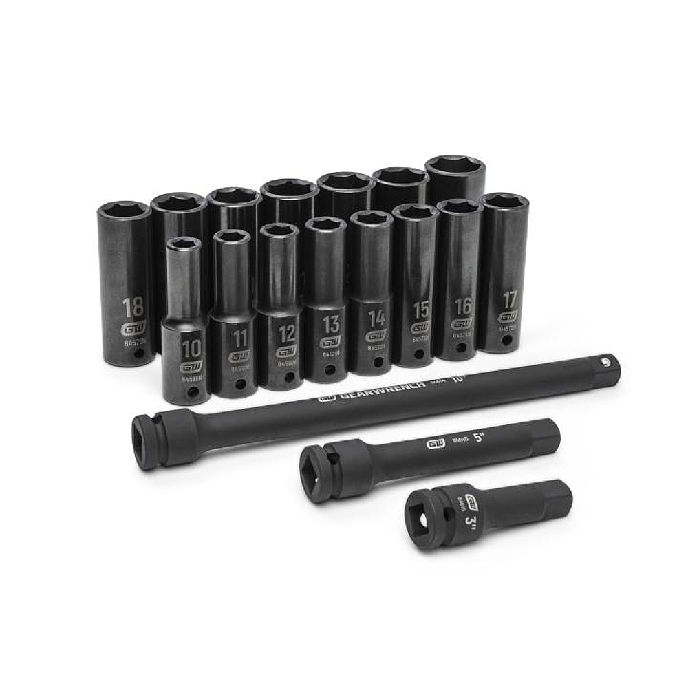 GEARWRENCH 89096 18 Piece 1/2" Drive Deep MM Impact Socket Set