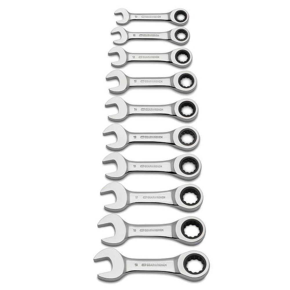 GEARWRENCH 9520D 10 Piece 72-Tooth 12 Point Stubby Ratcheting Combination Metric Wrench Set