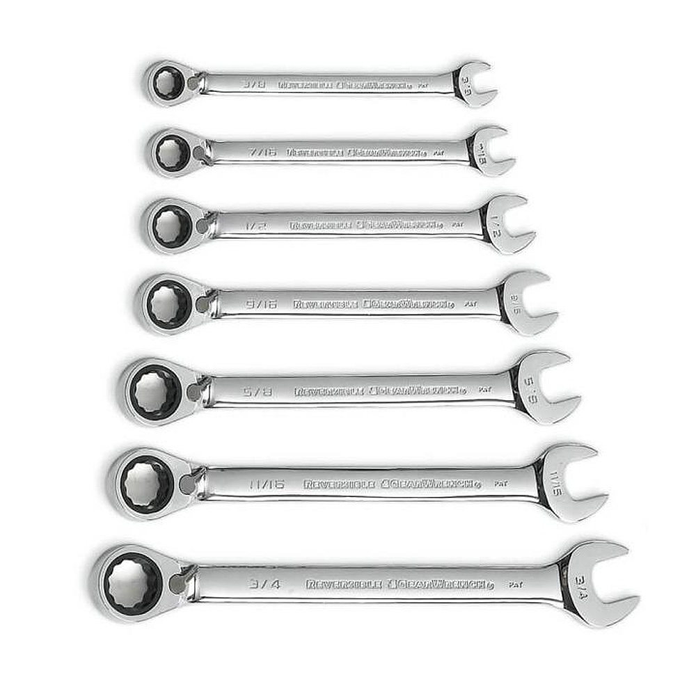 GEARWRENCH 9567RN 7 Piece 72-Tooth 12 Point Reversible Ratcheting Combination SAE Wrench Set with Tool Roll