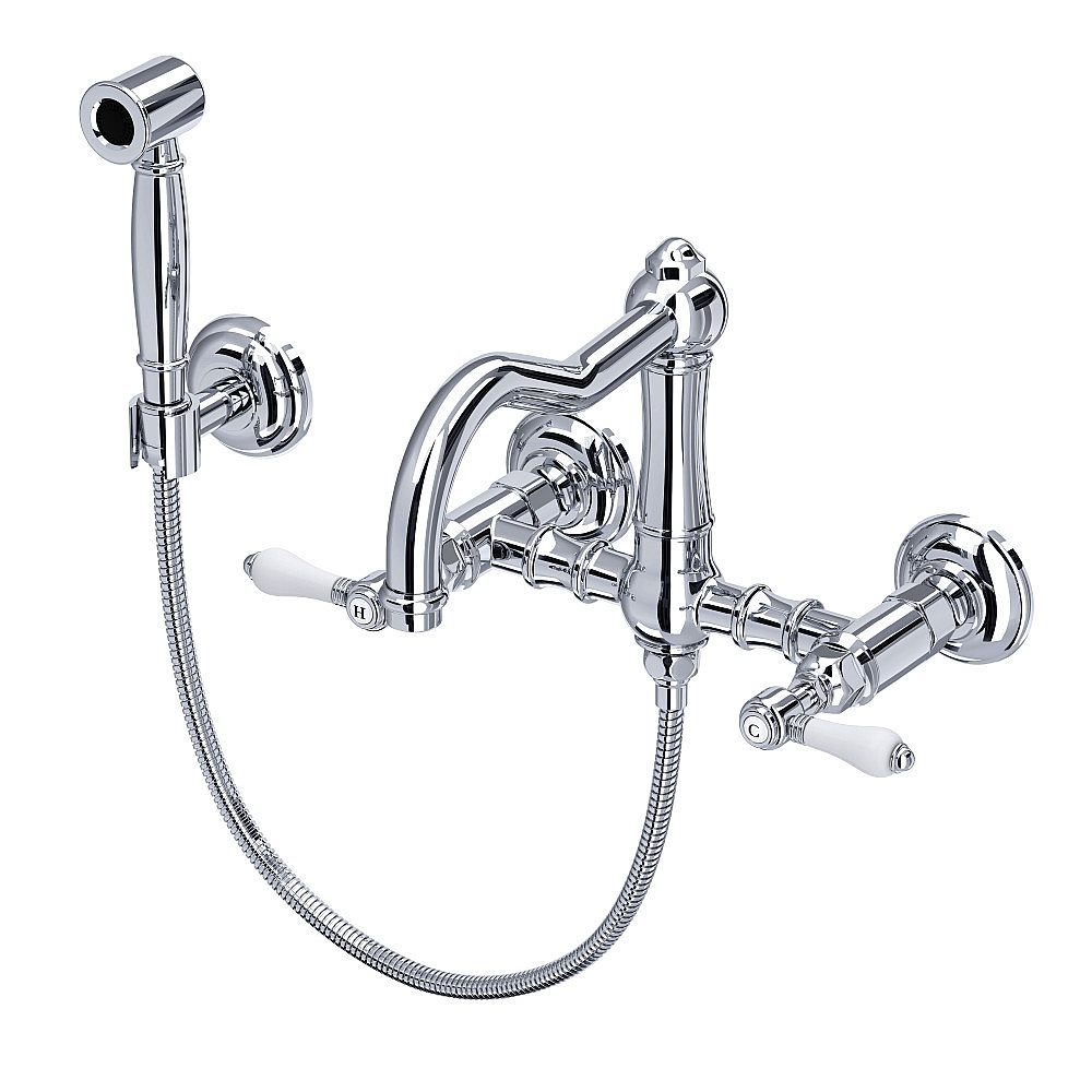 Rohl A1456LPWSAPC-2 Acqui® Wall Mount Bridge Kitchen Faucet With Sidespray And Column Spout - Polished Chrome