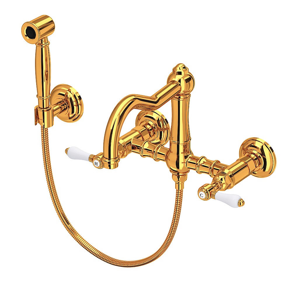 Rohl A1456LPWSIB-2 Acqui® Wall Mount Bridge Kitchen Faucet With Sidespray And Column Spout - Italian Brass