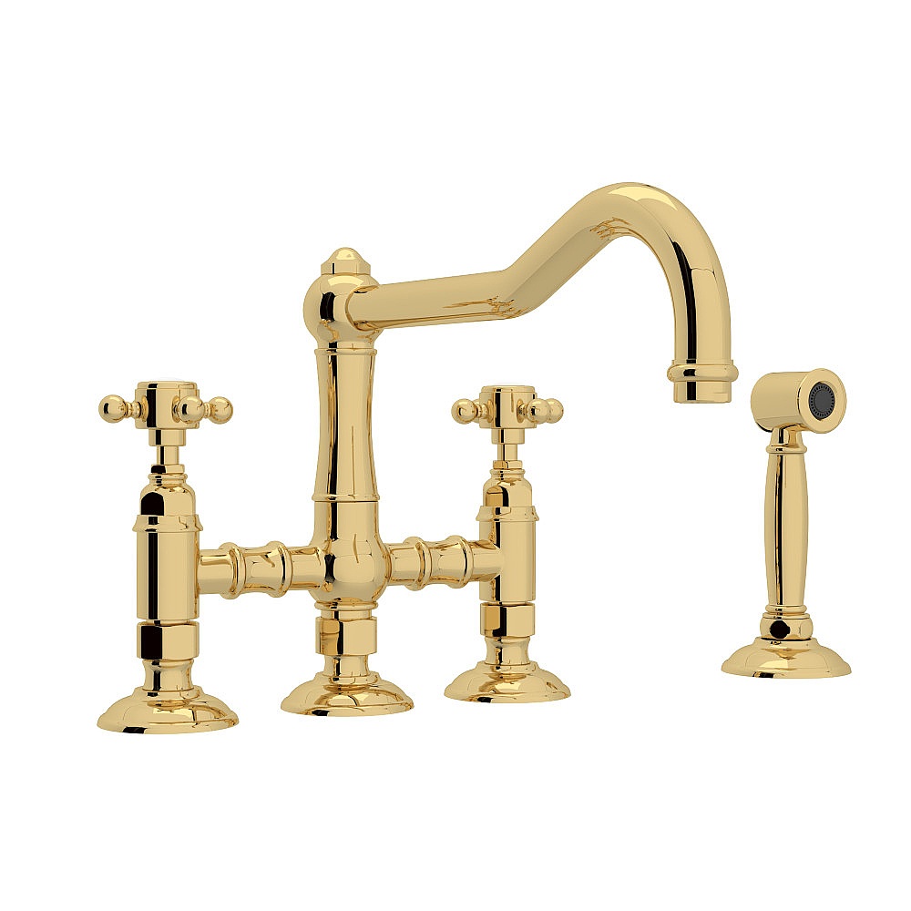 Rohl A1458XMWSULB-2 Acqui® Bridge Kitchen Faucet With Side Spray - Unlacquered Brass