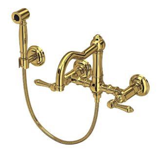 Rohl A1456XMWSULB-2 Acqui® Wall Mount Bridge Kitchen Faucet With Sidespray And Column Spout - Unlacquered Brass