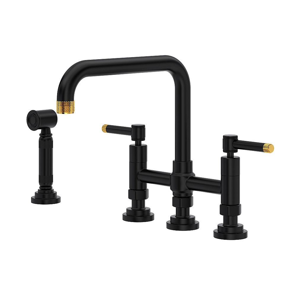 Rohl A3358ILWSMBU-2 Campo™ Bridge Kitchen Faucet With Side Spray - Matte Black/Unlacquered Brass