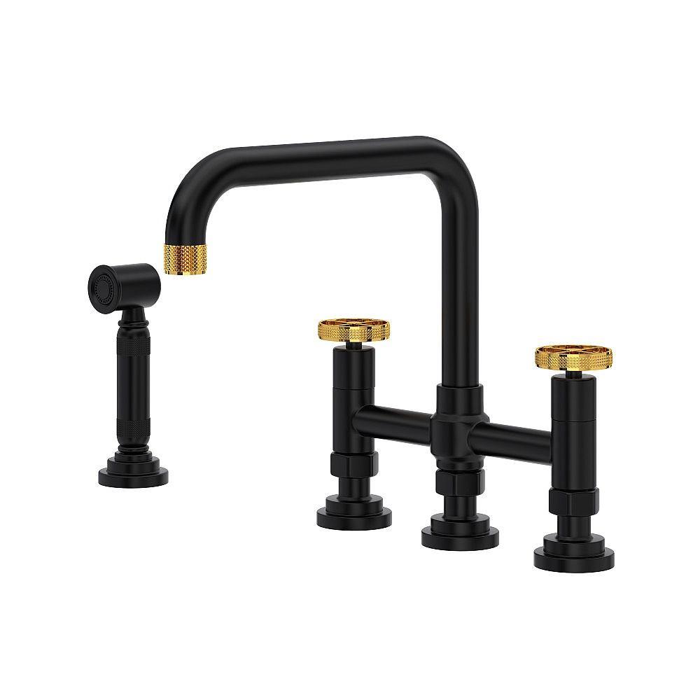 Rohl A3358IWWSMBU-2 Campo™ Bridge Kitchen Faucet With Side Spray - Matte Black/Unlacquered Brass