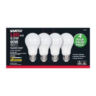 Satco S39596 2700K 9.5W A19 Non-Dimmable LED Lightbulb, 4 Pack