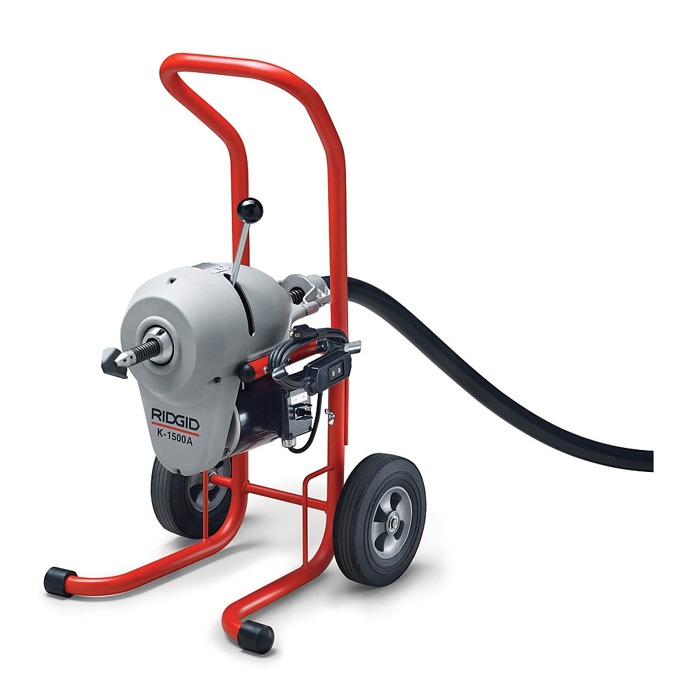 Ridgid 23702 K-1500A Machine with A-1 Mitt, A-12 Pin Key, and Rear Guide Hose, Plus: Seven Sections 1 1/4" (32 mm) (C-14) Cable, Total 105 Feet, Two A-8 Cable Carriers, Nine-Piece 1 1/4" Tool Set