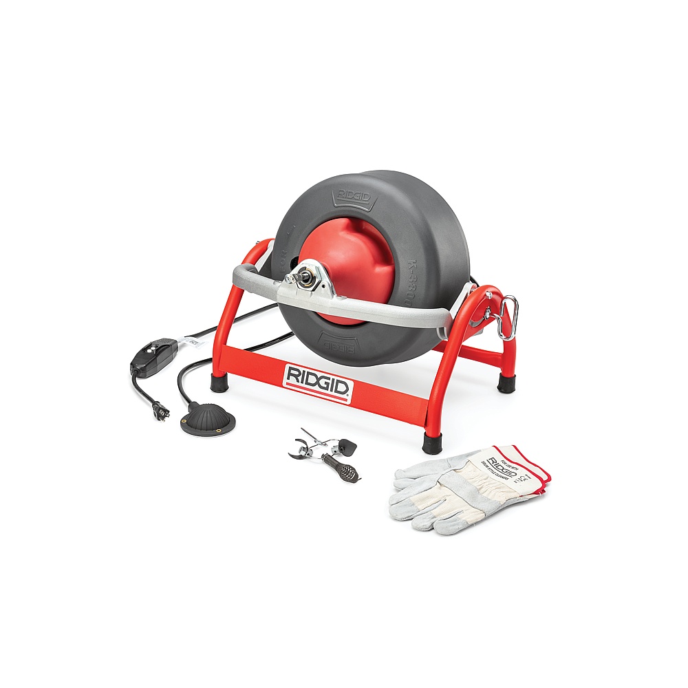Ridgid 53112 K-3800 Machine with Std. Equip: C-31, 3/8" x 50' (10 mm x 15.2 m) Cable, T-202 Bulb Auger, T-205 “C” Cutter, T-211 Spade Cutter, A-13 Pin Key, Pair of Gloves