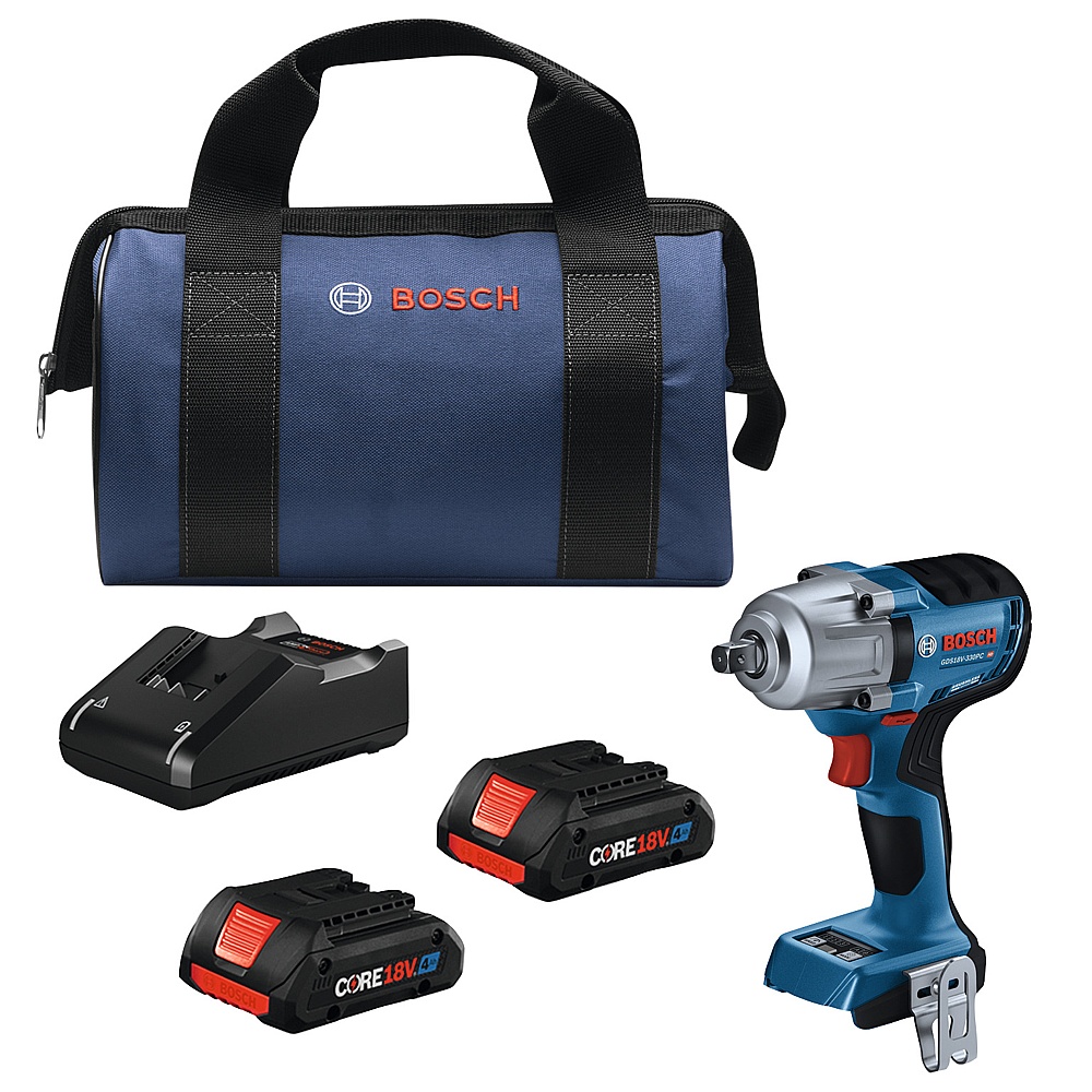 Bosch GDS18V-330PCB25 18V Brushless 1/2 In. Mid-Torque Impact Wrench Kit with Pin Detent and (2) CORE18V® 4 Ah Advanced Power Batteries