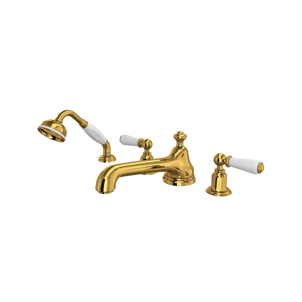 Perrin & Rowe U.3737L-ULB Edwardian™ 4-Hole Deck Mount Tub Filler With Low Spout - Unlacquered Brass
