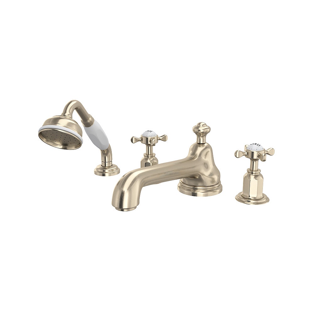 Perrin & Rowe U.3738X-STN Edwardian™ 4-Hole Deck Mount Tub Filler With Low Spout - Satin Nickel