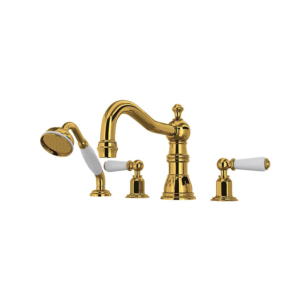 Perrin & Rowe U.3745L-ULB Edwardian™ 4-Hole Deck Mount Tub Filler With Column Spout - Unlacquered Brass