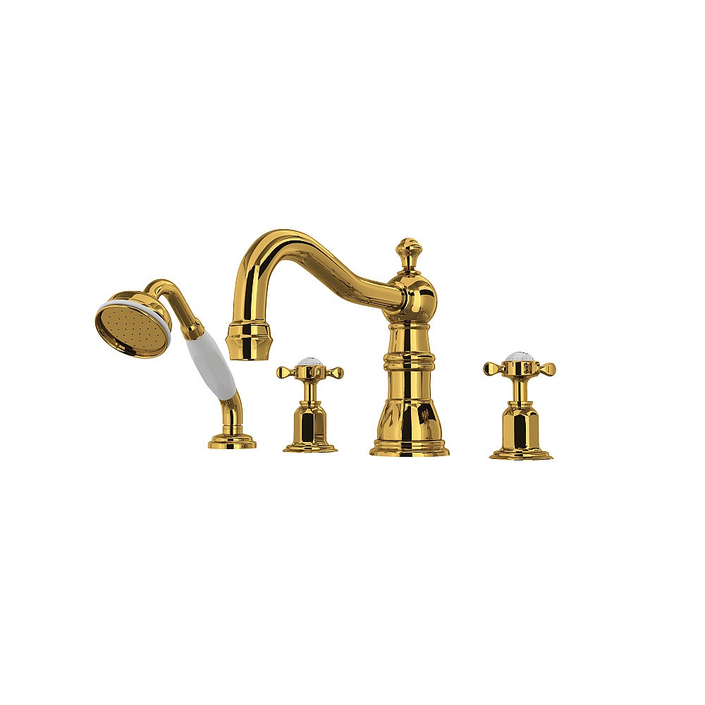 Perrin & Rowe U.3746X-ULB Edwardian™ 4-Hole Deck Mount Tub Filler With Column Spout - Unlacquered Brass