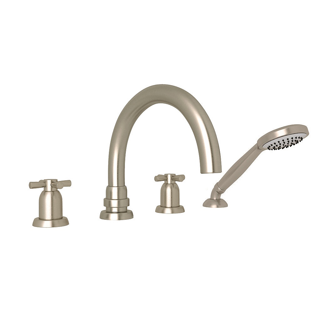 Perrin & Rowe U.3976X-STN Holborn™ 4-Hole Deck Mount Tub Filler With C-Spout - Satin Nickel