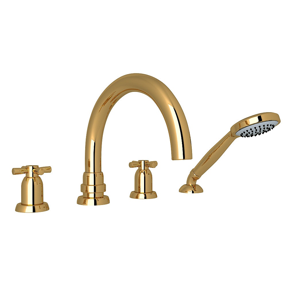 Perrin & Rowe U.3976X-ULB Holborn™ 4-Hole Deck Mount Tub Filler With C-Spout - Unlacquered Brass