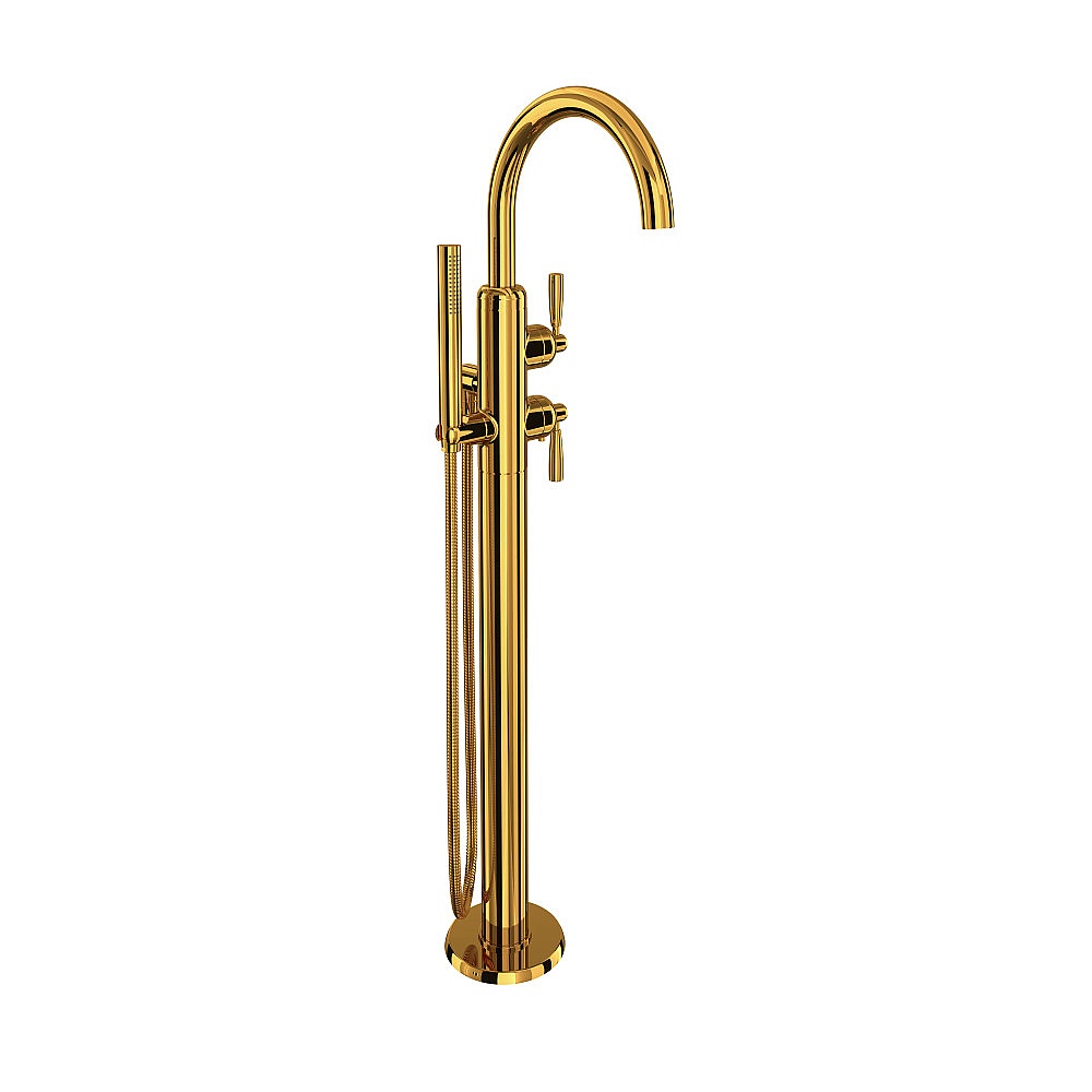 Perrin & Rowe U.3990LS-ULB/TO Holborn™ Single Hole Floor Mount Tub Filler Trim With C-Spout - Unlacquered Brass