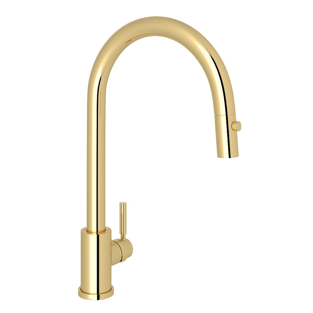 Perrin & Rowe U.4044ULB-2 Holborn™ Pull-Down Kitchen Faucet With C-Spout - Unlacquered Brass
